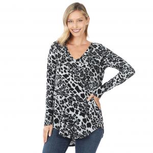Wholesale 45016<p>Hi-Lo Leopard Print Long Sleeve V-neck Tops