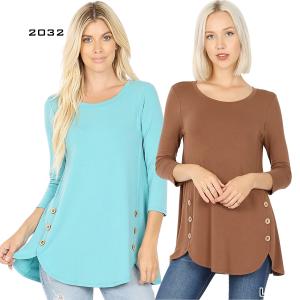 2032 <p>3/4 Sleeve Side Wood Button Tops