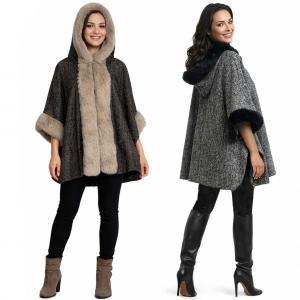 Wholesale LC17 - Tweed Hooded Cape with Fur