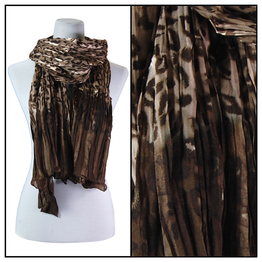 1003 - Pleated Leopard Oblong Scarves Brown - 