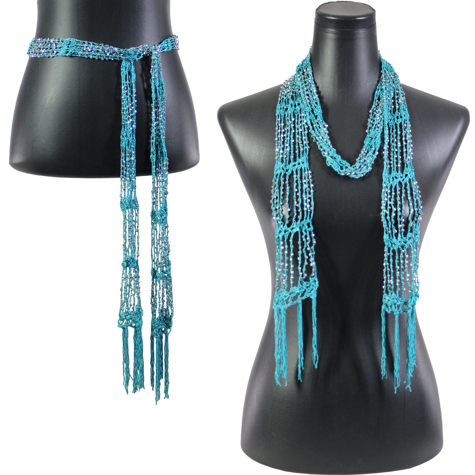 1755 - Shanghai Beaded Scarves/Sash Dark Turquoise w/ Silver Beads Shanghai Beaded Scarf/Sash - 