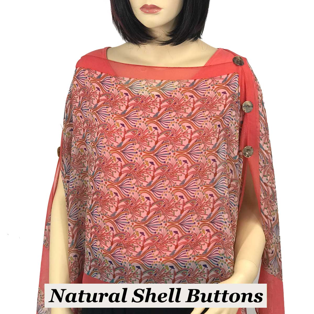 1799 - Silky Six Button Poncho/Cape FLMG - Shell Buttons<br>Floral Magenta - 