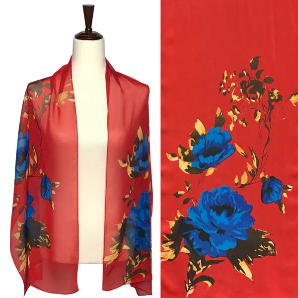 Silky Dress Scarves - 1909 A040 Coral Leaves Leaves in Coral Multi - 