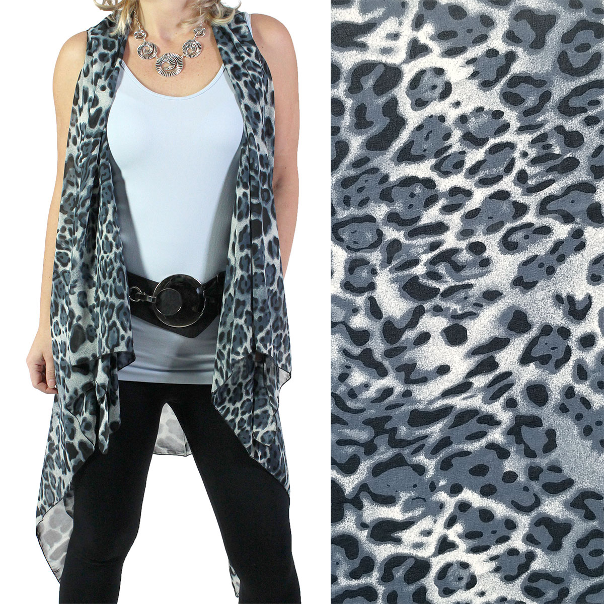 2144 - Chiffon Scarf Vests (Style 2)  #9938 ABSTRACT BLACK AND TAN Chiffon Scarf Vests (Style 2) - One Size Fits All