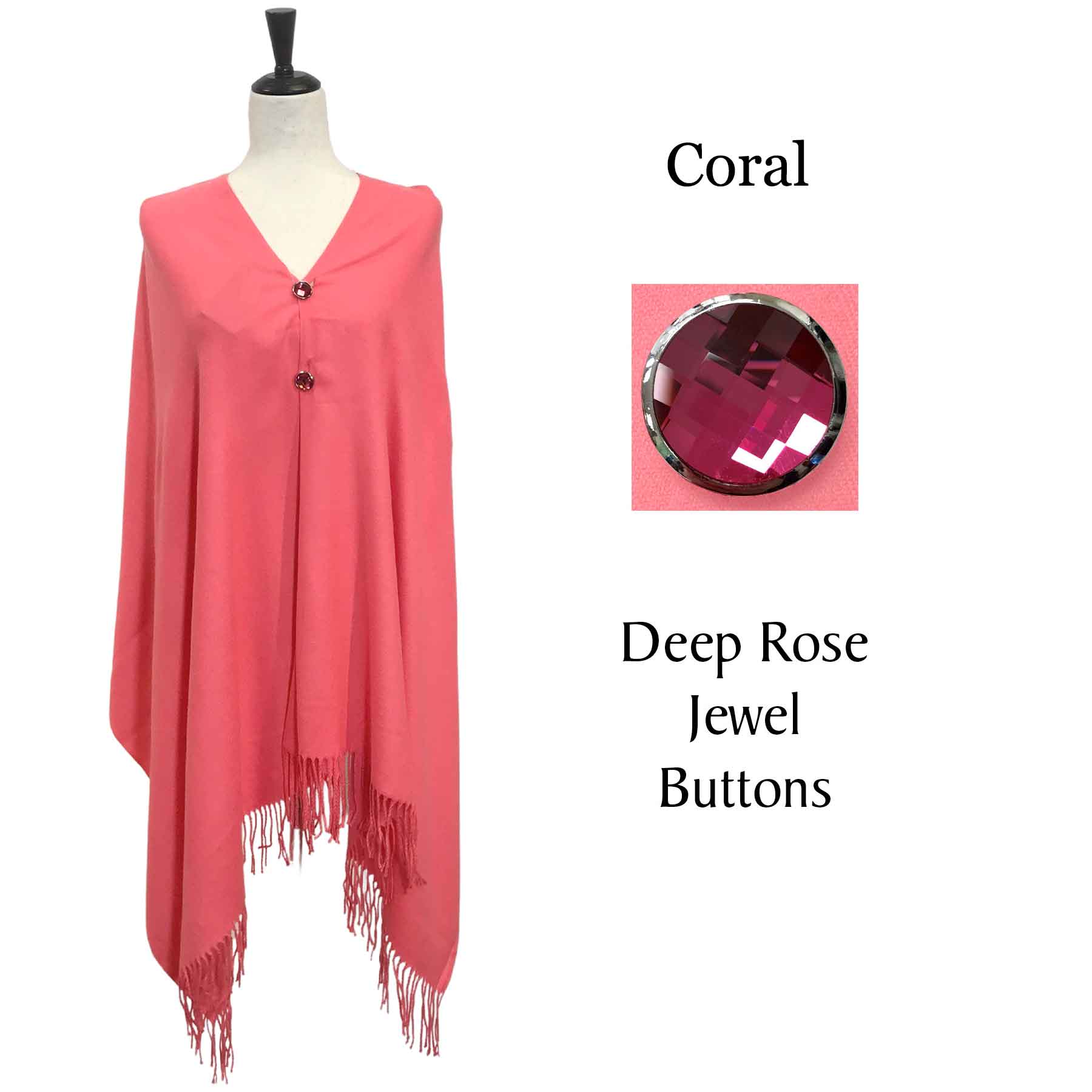 534 - Cashmere Feel Shawls w/Jeweled Buttons #31 Coral with Deep Rose Jewel Buttons H1800 - 29