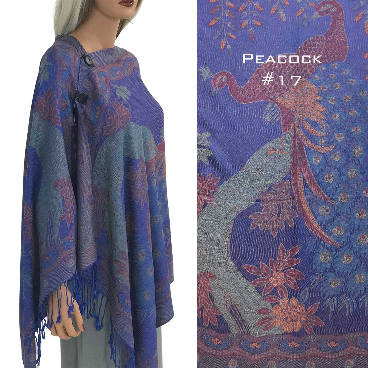 3109 - Pashmina Style Button Shawls Peacock - #17 <br>Pashmina Style Shawl with Wooden Buttons - 
