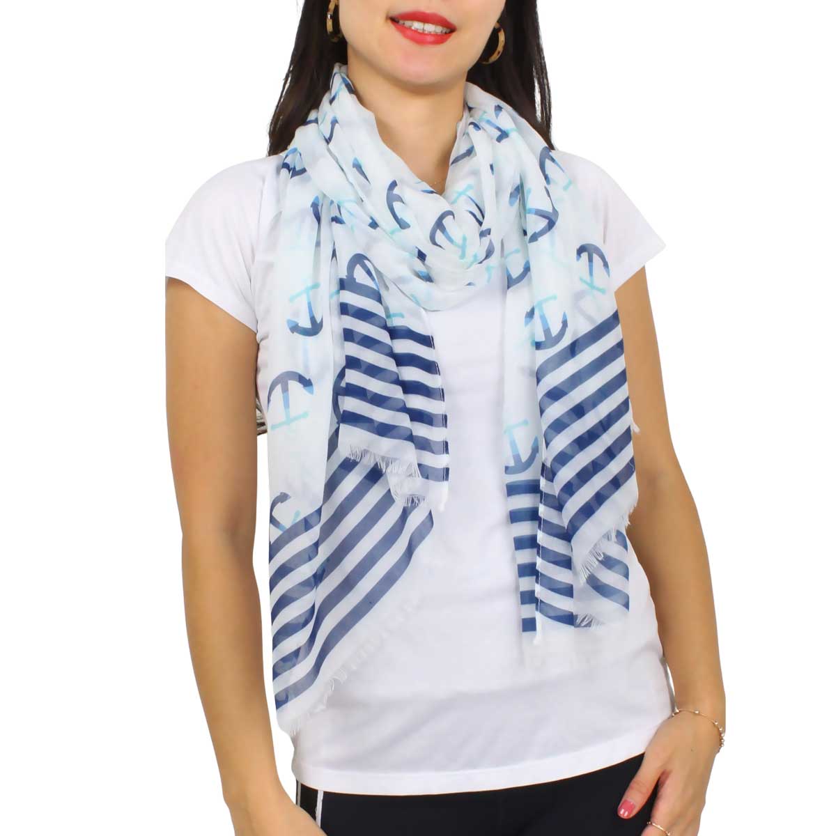 3111 - Nautical Print Scarves Oblong and Infinity 8079 - Beige<br>
Anchor Design Nautical Print Scarf/Shawl - 