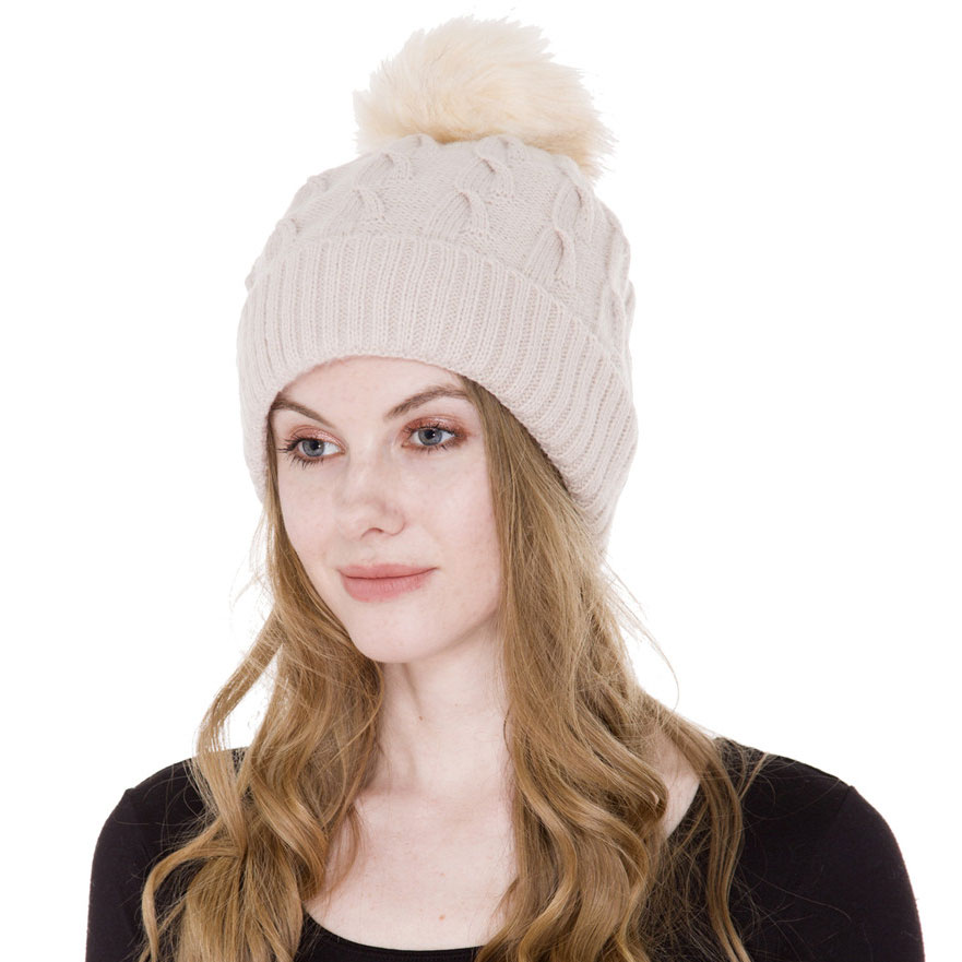 3114 - Winter Knit Hats JH226 Light Grey Multi Knit Sherpa Lined Hat with Pom Pom - One Size Fits Most