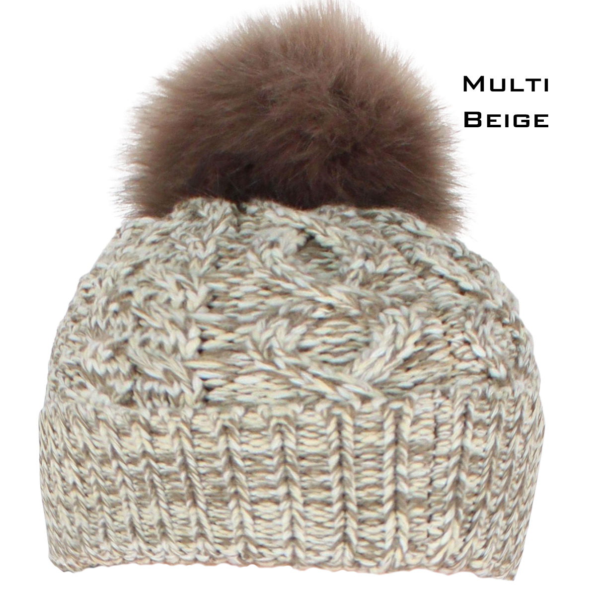 3114 - Winter Knit Hats 10026 TAUPE/FUR POM POM Knit Winter Hat - One Size Fits Most