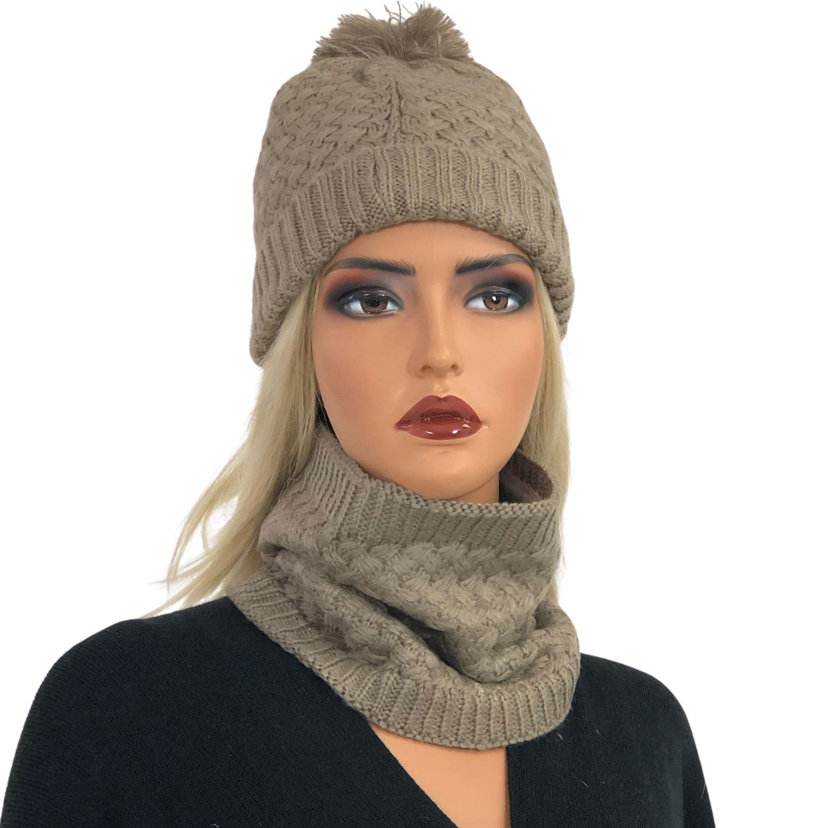 3114 - Winter Knit Hats LC:HSET BEIGE Hat and Neck Warmer Set w/Fur Lining - One Size Fits Most