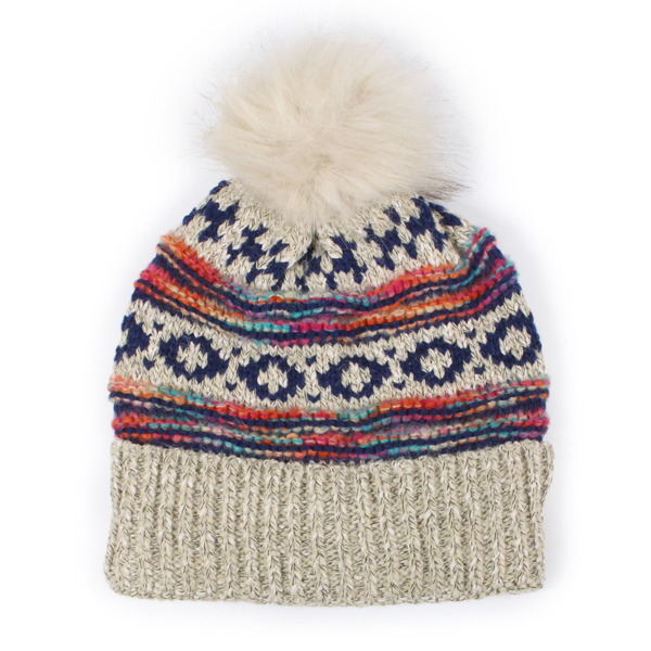 3114 - Winter Knit Hats 10658 - Beige Multi
Ethnic Pattern Knot Beanie with PomPom - One Size Fits Most