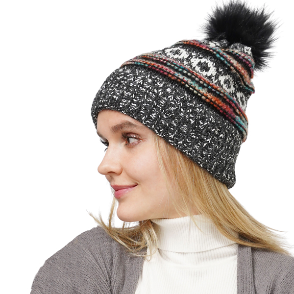 3114 - Winter Knit Hats 10658 - Mustard Multi
Ethnic Pattern Knot Beanie with PomPom - One Size Fits Most