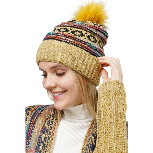 3114 - Winter Knit Hats 10658 - Pink Multi
Ethnic Pattern Knot Beanie with PomPom - One Size Fits Most