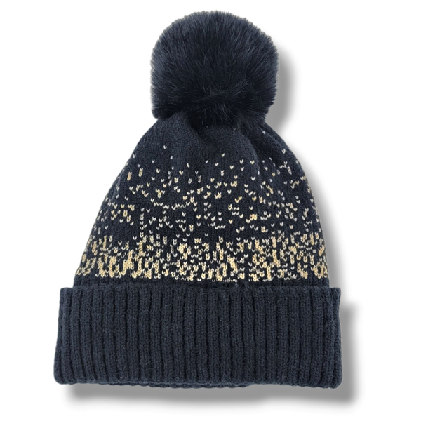 3114 - Winter Knit Hats 1019GE<br>Grey Checkerboard with Ear Flap<br>
Pom Beanie/Fur Lining   - One Size Fits Most