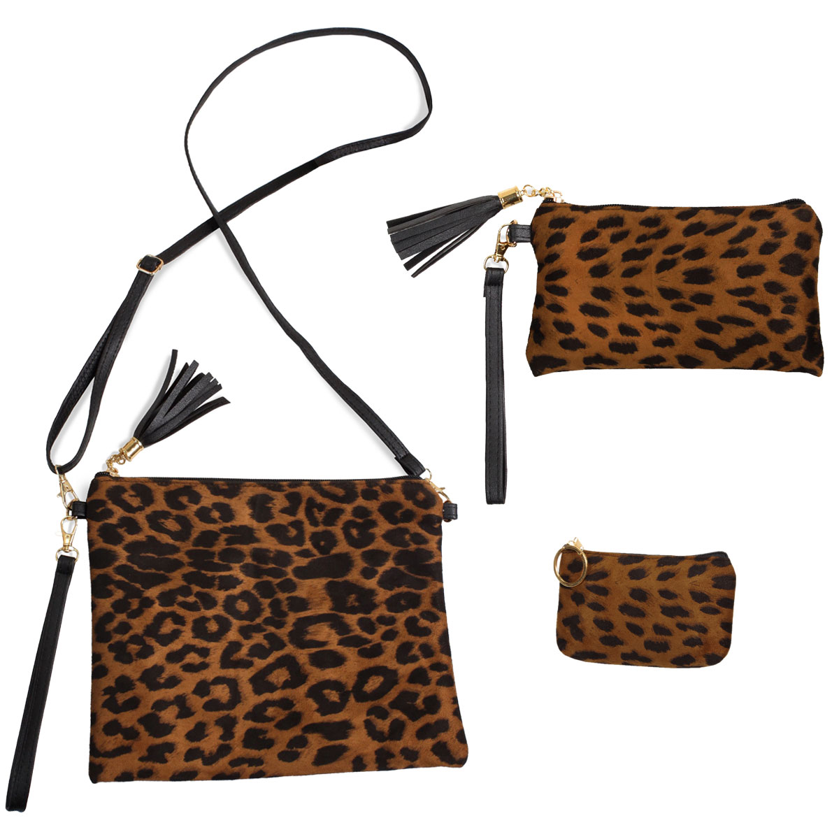 3136 Animal Print  Bags, Wristlets + Purses 9378 DARK LEOPARD PRINT SUEDED Crossbody Bag and Coin Purse 2 Pc. Set  - 