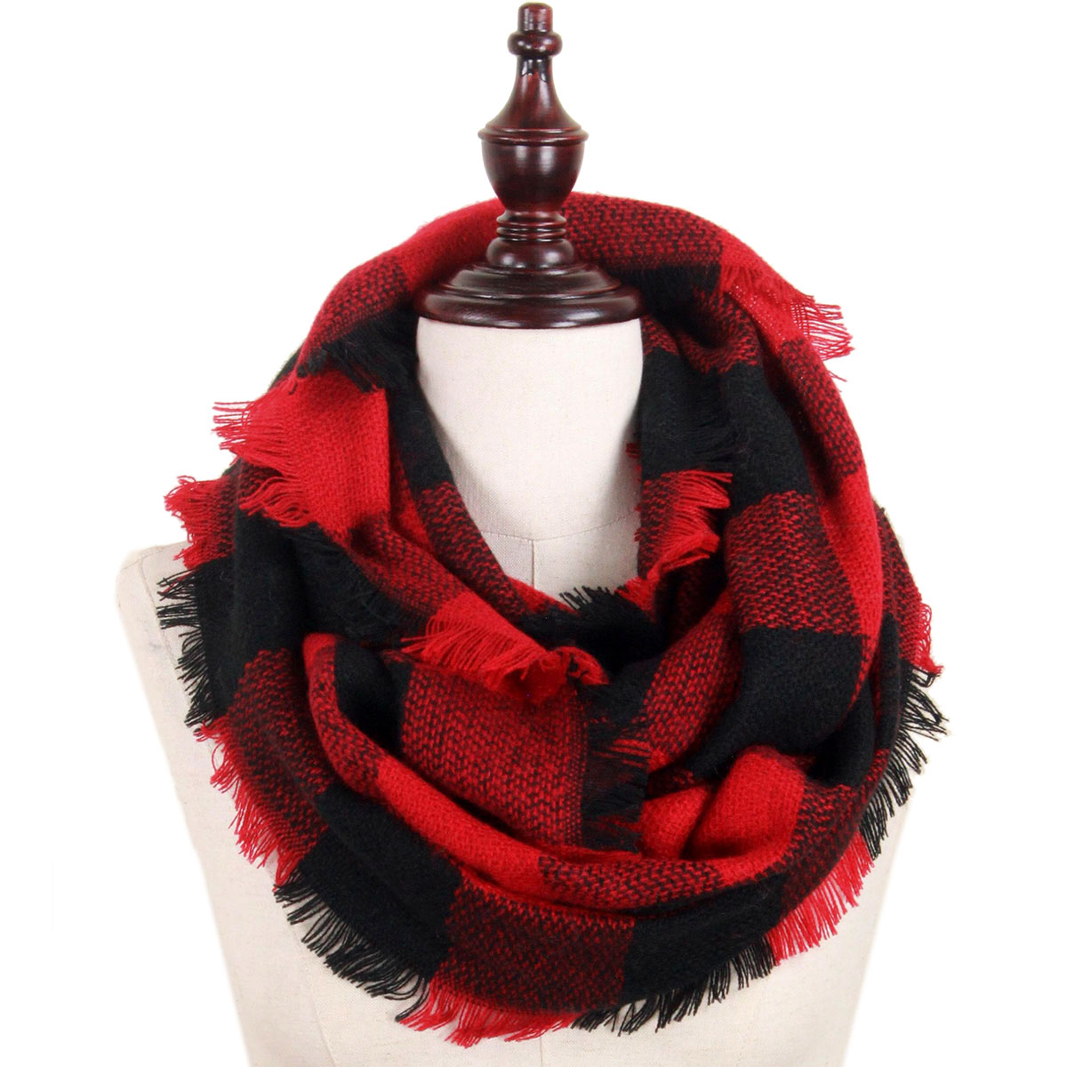 Matching Pieces for Autumn and Winter 3178 3552 BUFFALO PLAID RED/BLACK Fur Trimmed Infinity Hood - One Size Fits All