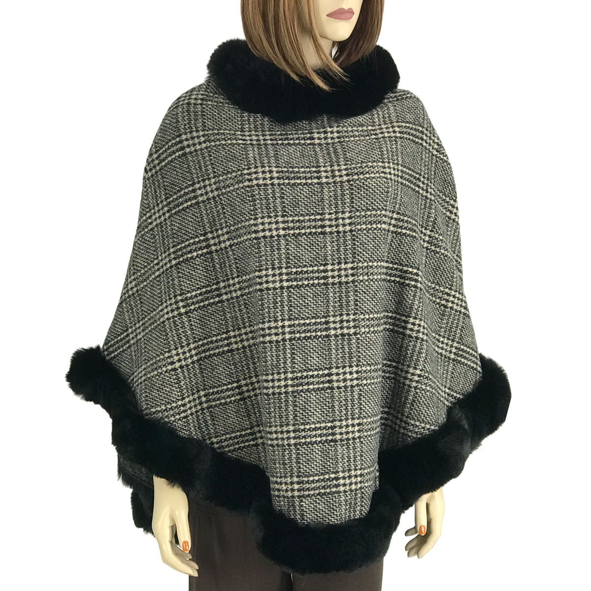 LC12 - Poncho with Faux Rabbit Fur Trim  LC12 - Solid Black Poncho<br>
w/Black Fur - One Size Fits Most
