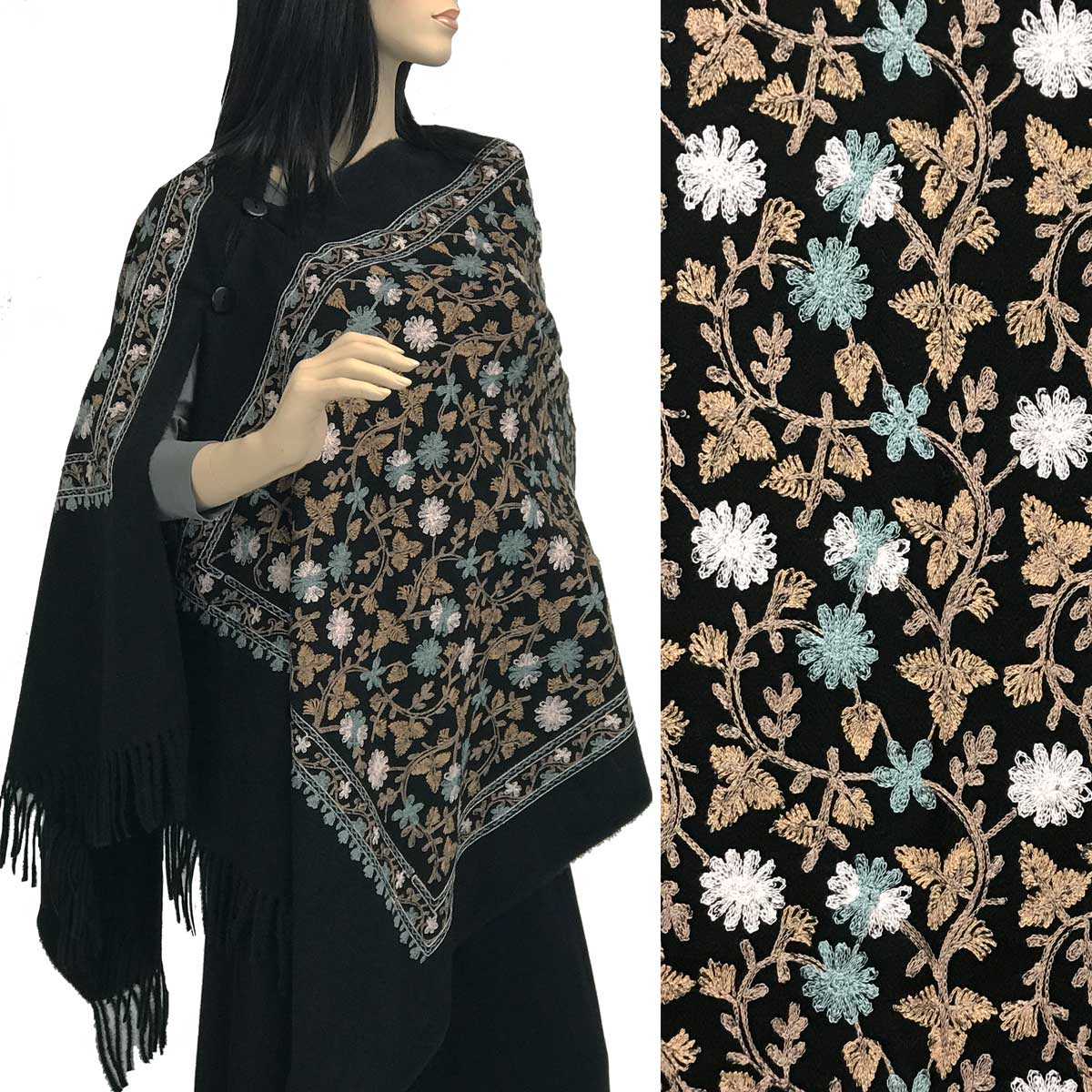 3218 - Embroidered Cashmere Feel Button Shawls Dark Green Floral* - 