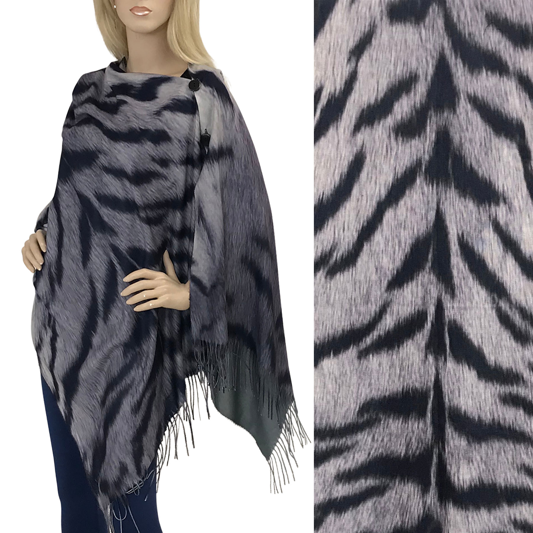 3305 - Suede Cloth Animal Print Button Shawl FANTASY TIGER  MIDNIGHT/GREY Suede Cloth Animal Print Shawl with Buttons  - 