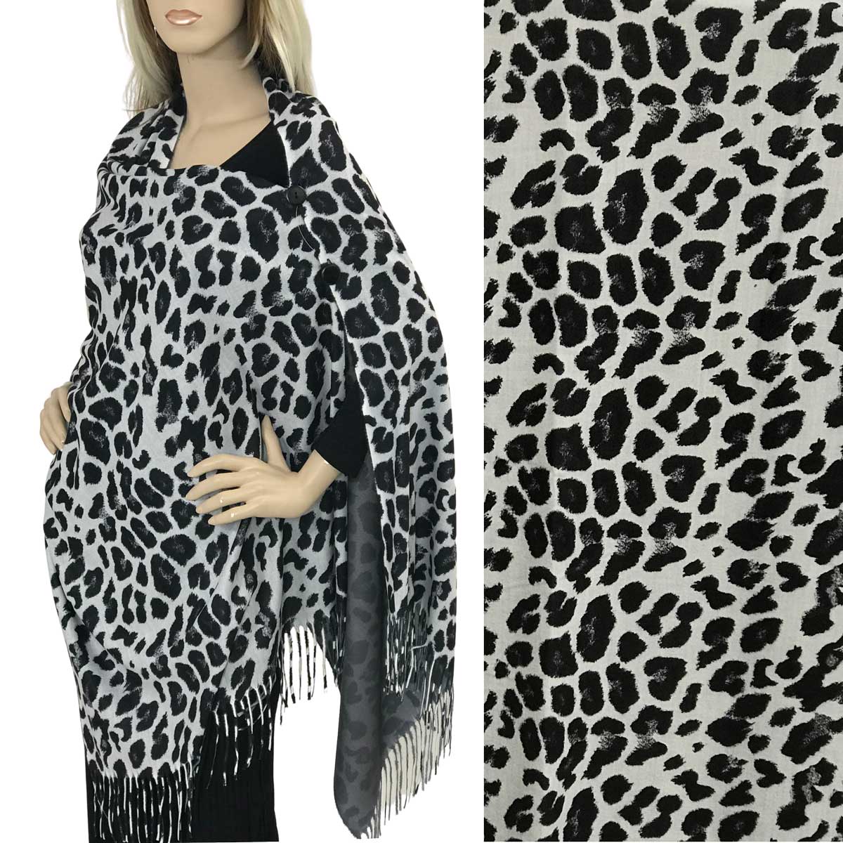 3305 - Suede Cloth Animal Print Button Shawl LEOPARD BLACK/WHITE Suede Cloth Animal Print Shawl with Buttons  - 