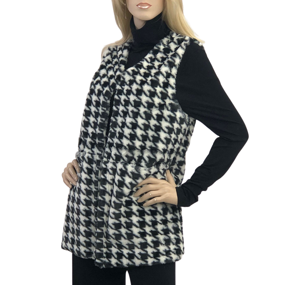Houndstooth Print Faux Fur Vest 9503 Houndstooth Faux Fur Vest - One Size Fits All