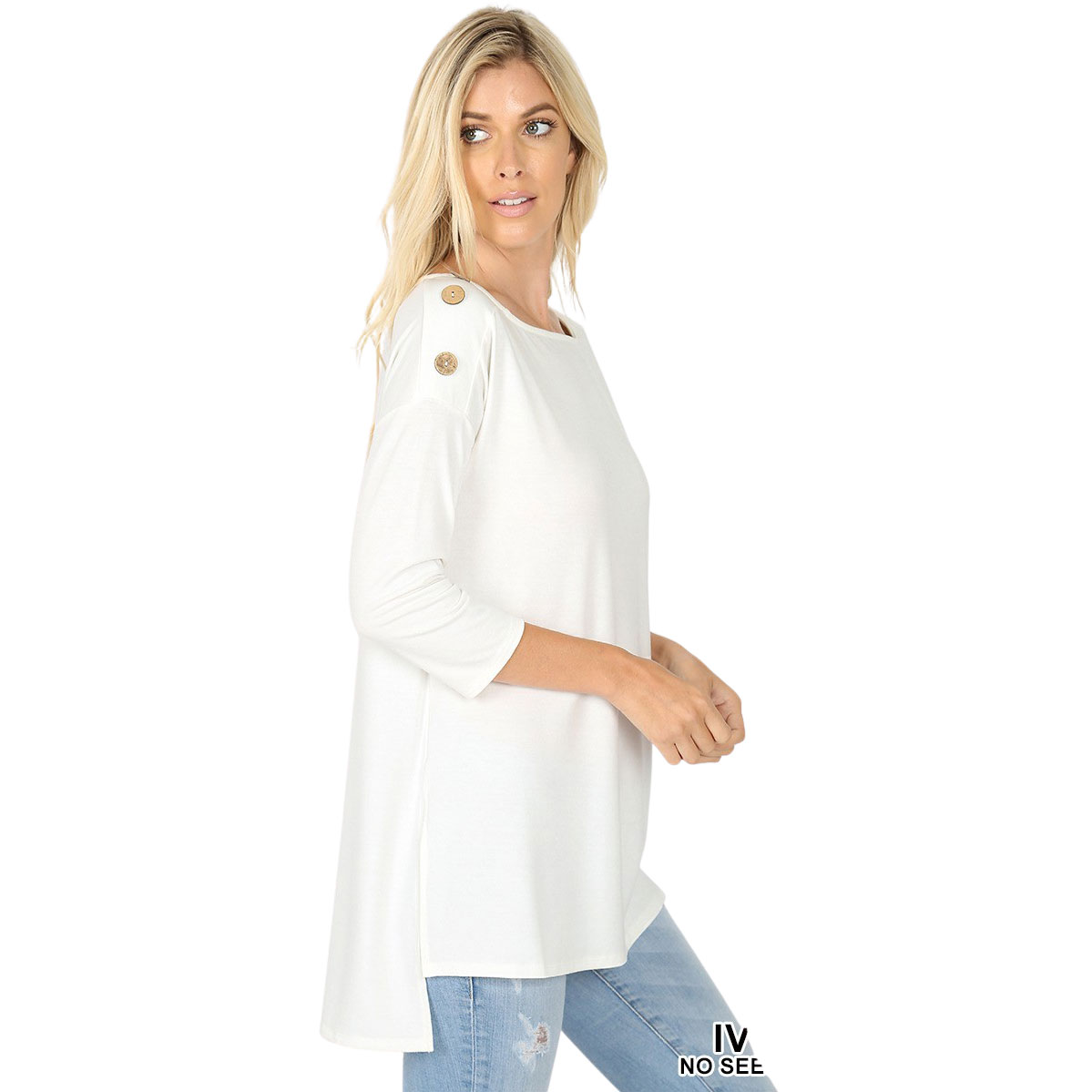2082 - Boat Neck Hi-Lo Tops w/Wooden Buttons Ivory Boat Neck Hi-Lo Top w/ Wooden Buttons 2082 - Large