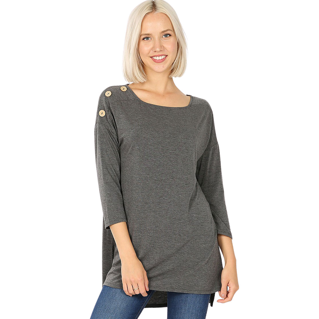 2082 - Boat Neck Hi-Lo Tops w/Wooden Buttons LIGHT GREY Boat Neck Hi-Lo Top w/ Wooden Buttons 2082 - Small