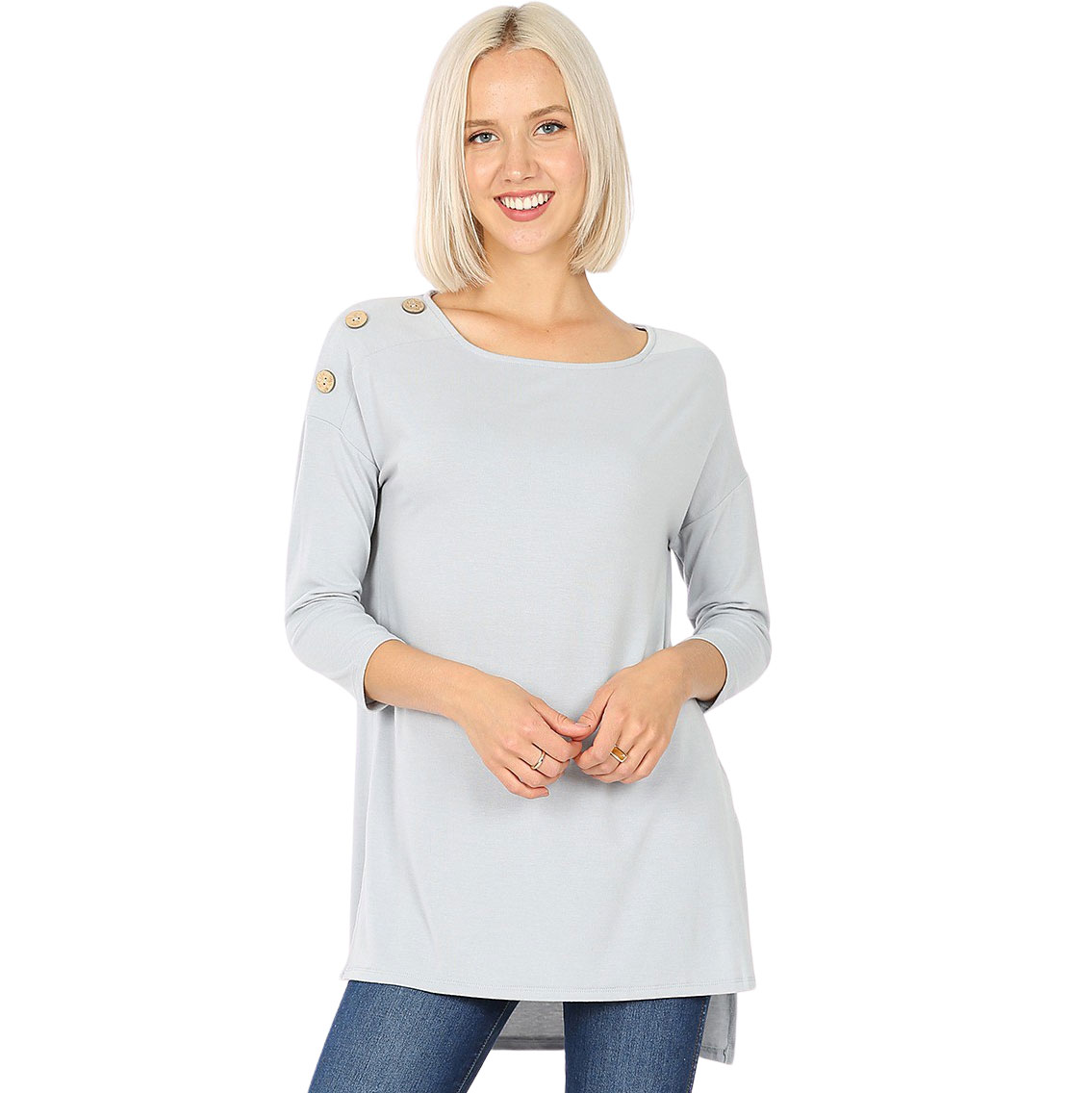 2082 - Boat Neck Hi-Lo Tops w/Wooden Buttons LIGHT GREY Boat Neck Hi-Lo Top w/ Wooden Buttons 2082 - X-Large
