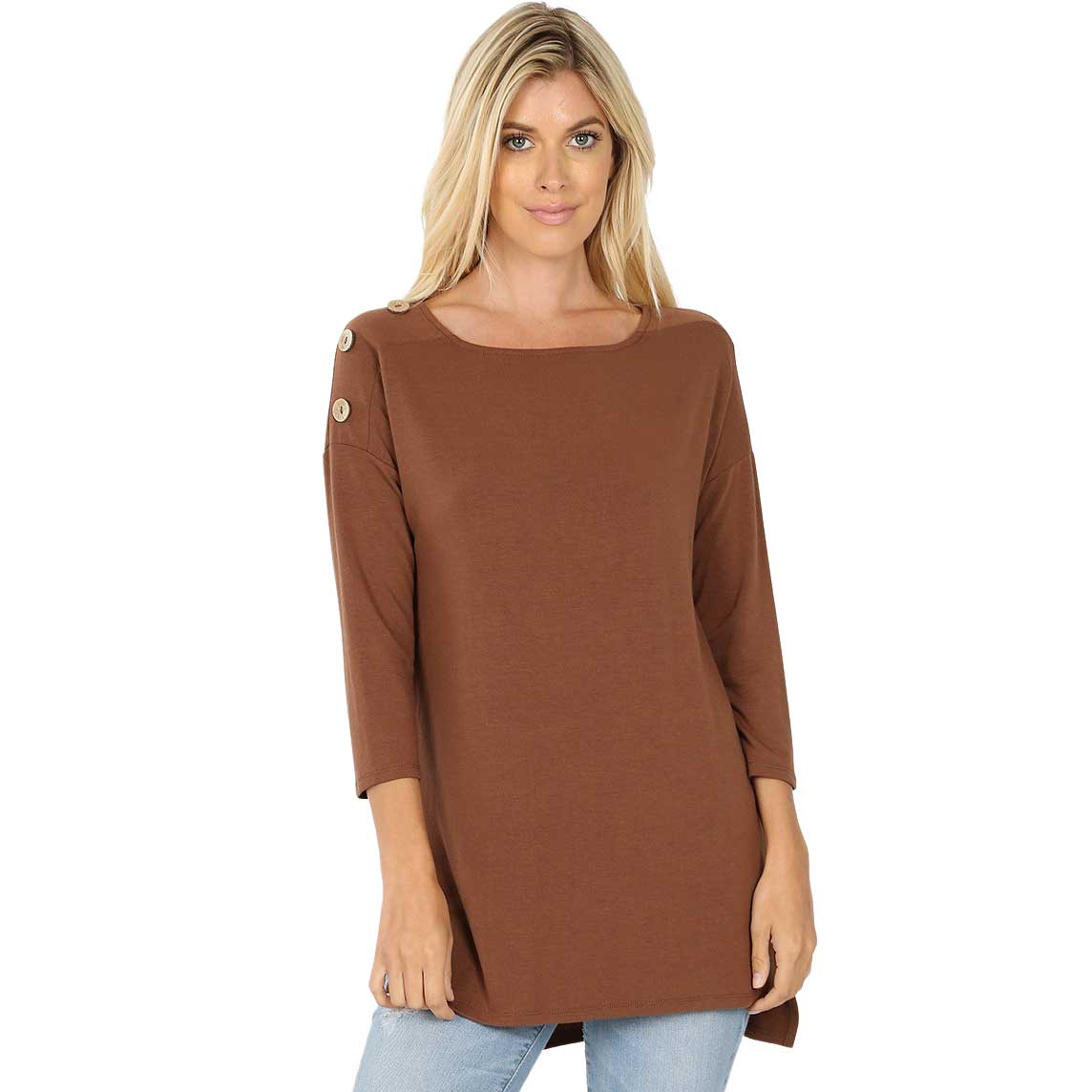 2082 - Boat Neck Hi-Lo Tops w/Wooden Buttons LIGHT BROWN Boat Neck Hi-Lo Top w/ Wooden Buttons 2082 - Large