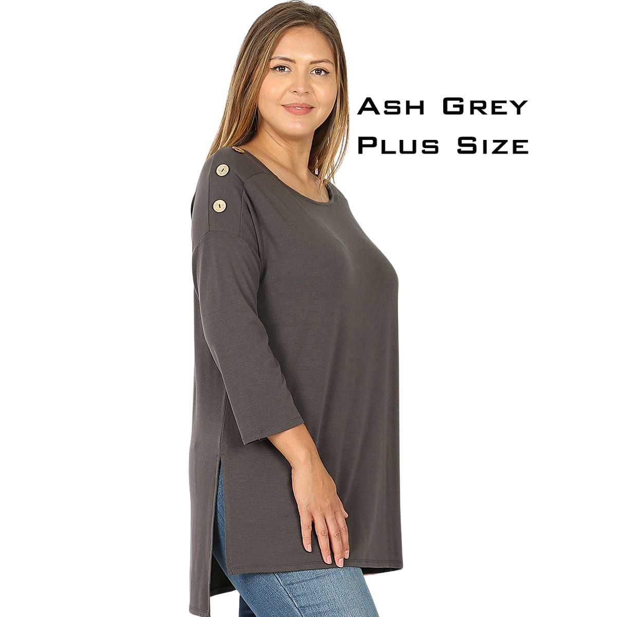 2082 - Boat Neck Hi-Lo Tops w/Wooden Buttons ASH GREY Boat Neck Hi-Lo Top w/ Wooden Buttons 2082 - 3X