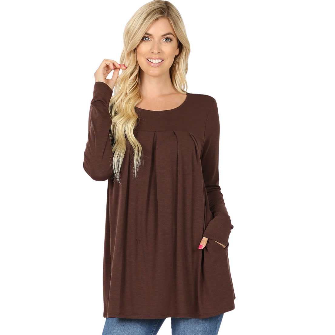 1658 - Long Sleeve Round Neck Pleated Tops ASH GREY Long Sleeve Round Neck Pleated 1658 - X-Large
