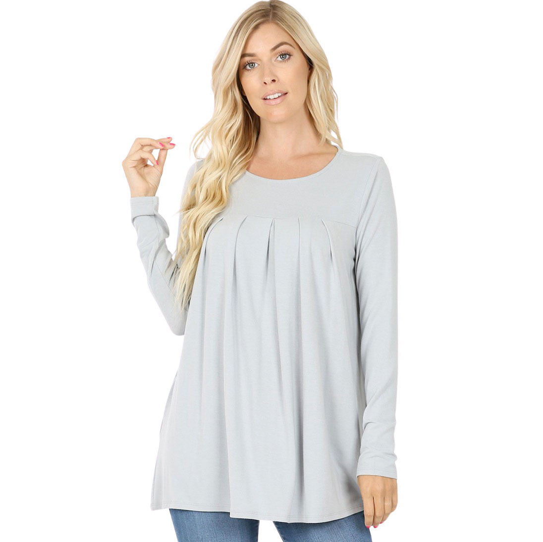 1658 - Long Sleeve Round Neck Pleated Tops LIGHT GREY Long Sleeve Round Neck Pleated 1658 - Large