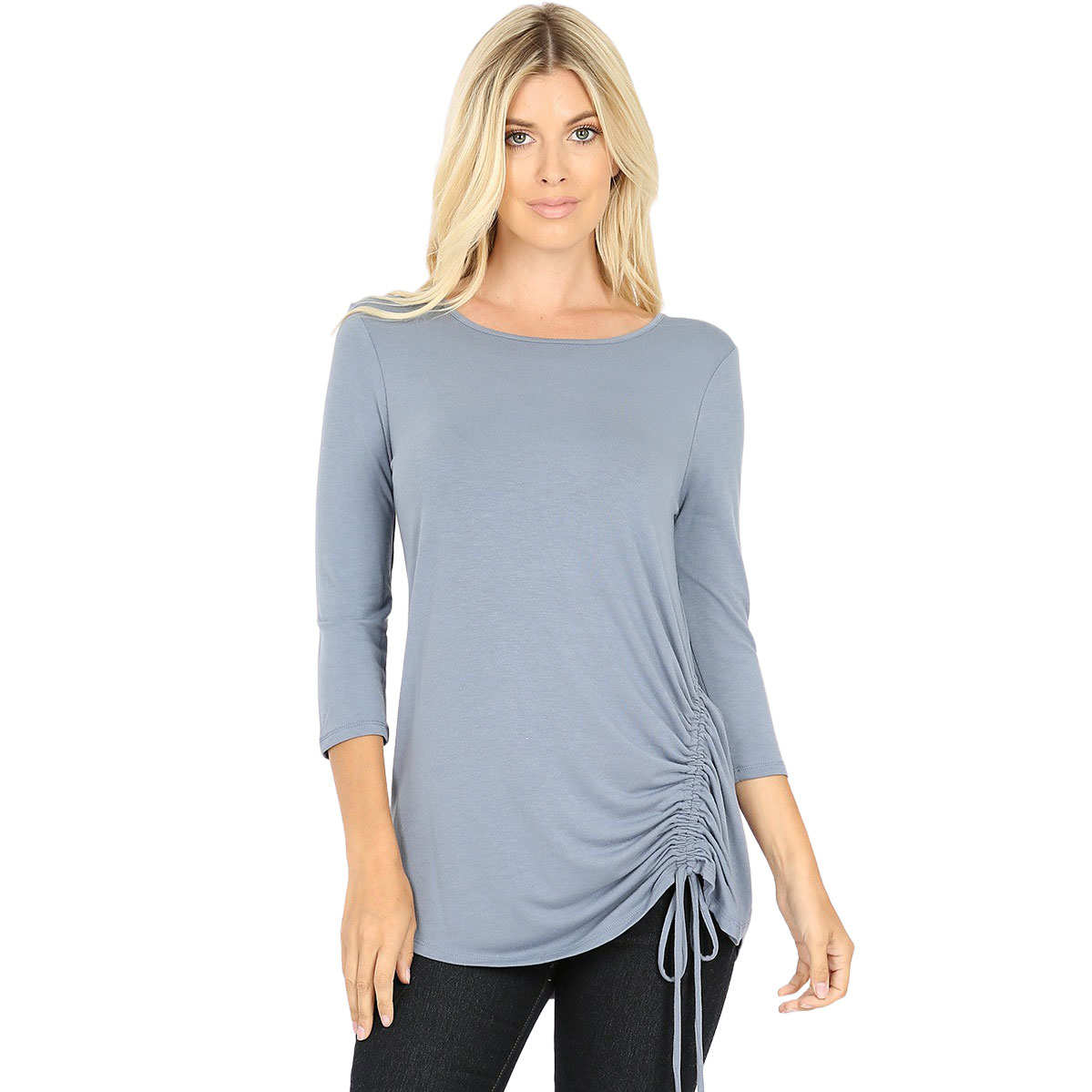 1887 - 3/4 Sleeve Ruched Tops CHARCOAL 3/4 Sleeve Round Neck Side Ruched 1887 - Small