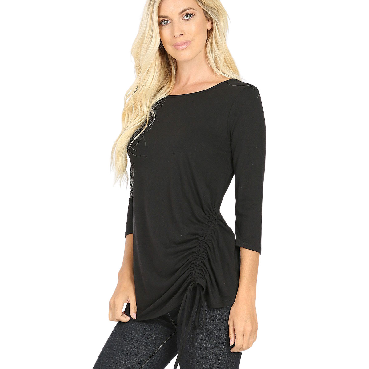 1887 - 3/4 Sleeve Ruched Tops BLACK 3/4 Sleeve Round Neck Side Ruched 1887 - Large