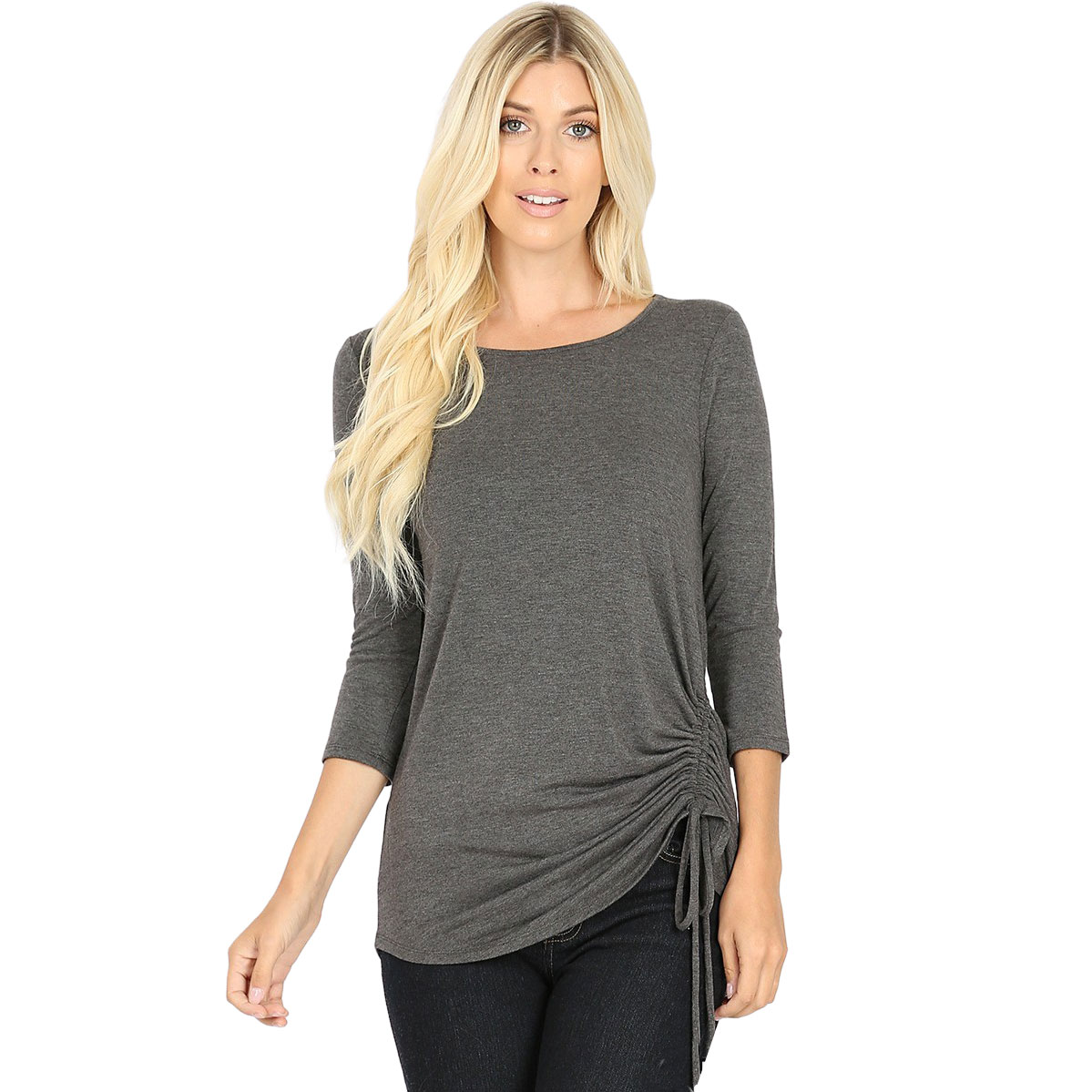 1887 - 3/4 Sleeve Ruched Tops CHARCOAL 3/4 Sleeve Round Neck Side Ruched 1887 - Large