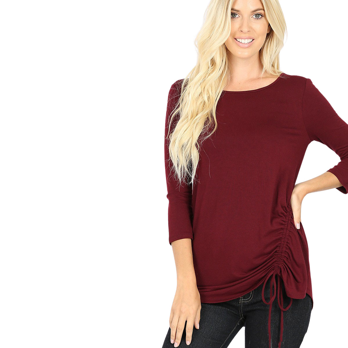 1887 - 3/4 Sleeve Ruched Tops DARK BURGUNDY 3/4 Sleeve Round Neck Side Ruched 1887 - Large