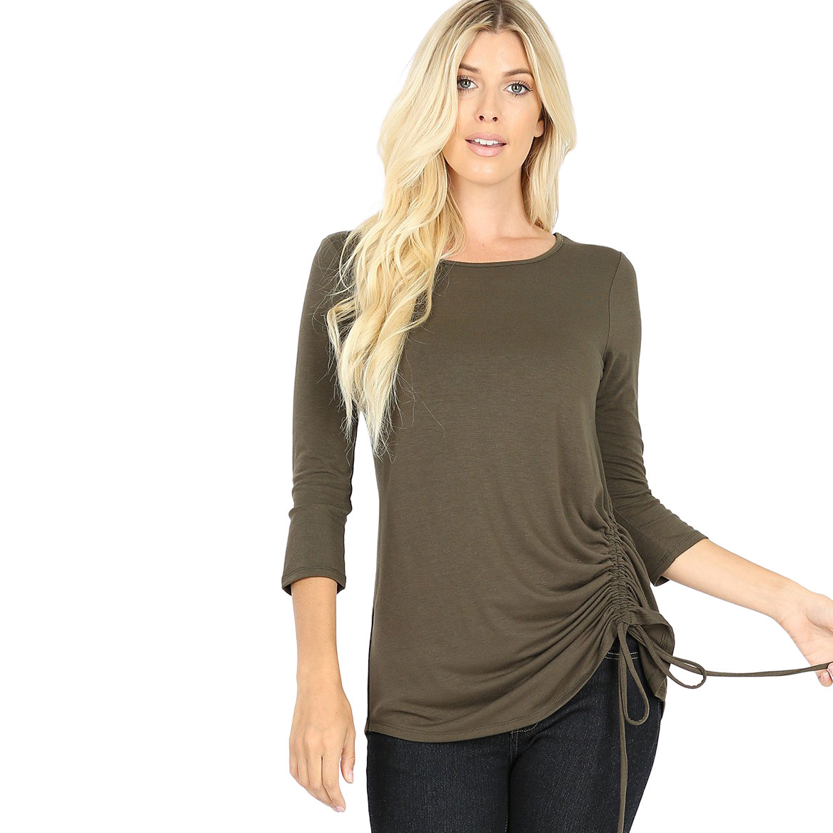 1887 - 3/4 Sleeve Ruched Tops DARK OLIVE 3/4 Sleeve Round Neck Side Ruched 1887 - Large