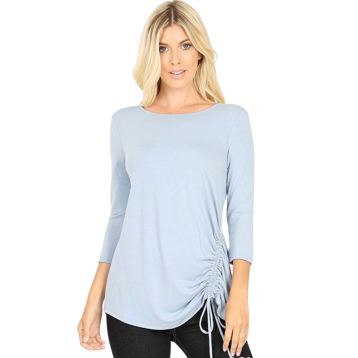 1887 - 3/4 Sleeve Ruched Tops ASH BLUE 3/4 Sleeve Round Neck Side Ruched 1887 - Medium