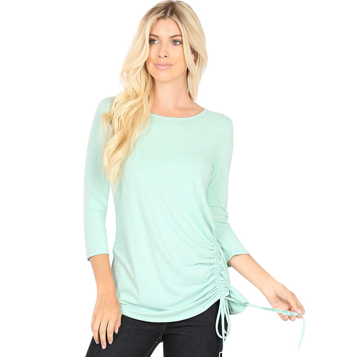 1887 - 3/4 Sleeve Ruched Tops DUSTY MINT 3/4 Sleeve Round Neck Side Ruched 1887 - Small