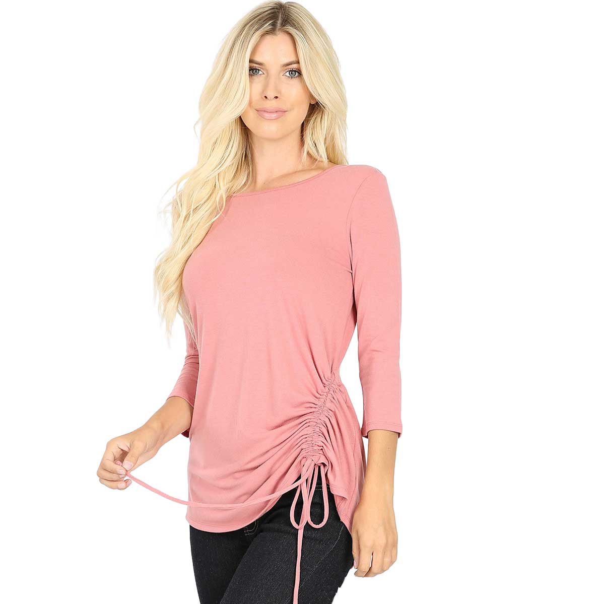 1887 - 3/4 Sleeve Ruched Tops DUSTY ROSE 3/4 Sleeve Round Neck Side Ruched 1887 - Medium