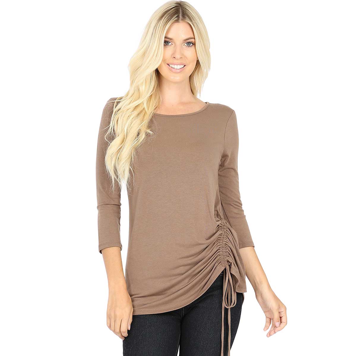 1887 - 3/4 Sleeve Ruched Tops MOCHA 3/4 Sleeve Round Neck Side Ruched 1887 - Medium