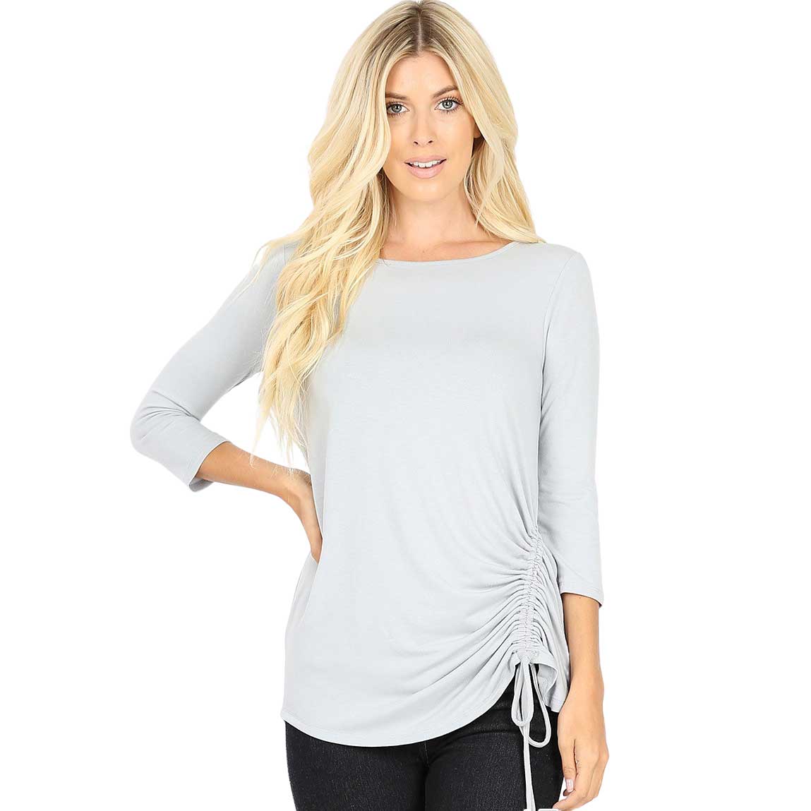 1887 - 3/4 Sleeve Ruched Tops LIGHT GREY 3/4 Sleeve Round Neck Side Ruched 1887 - Large