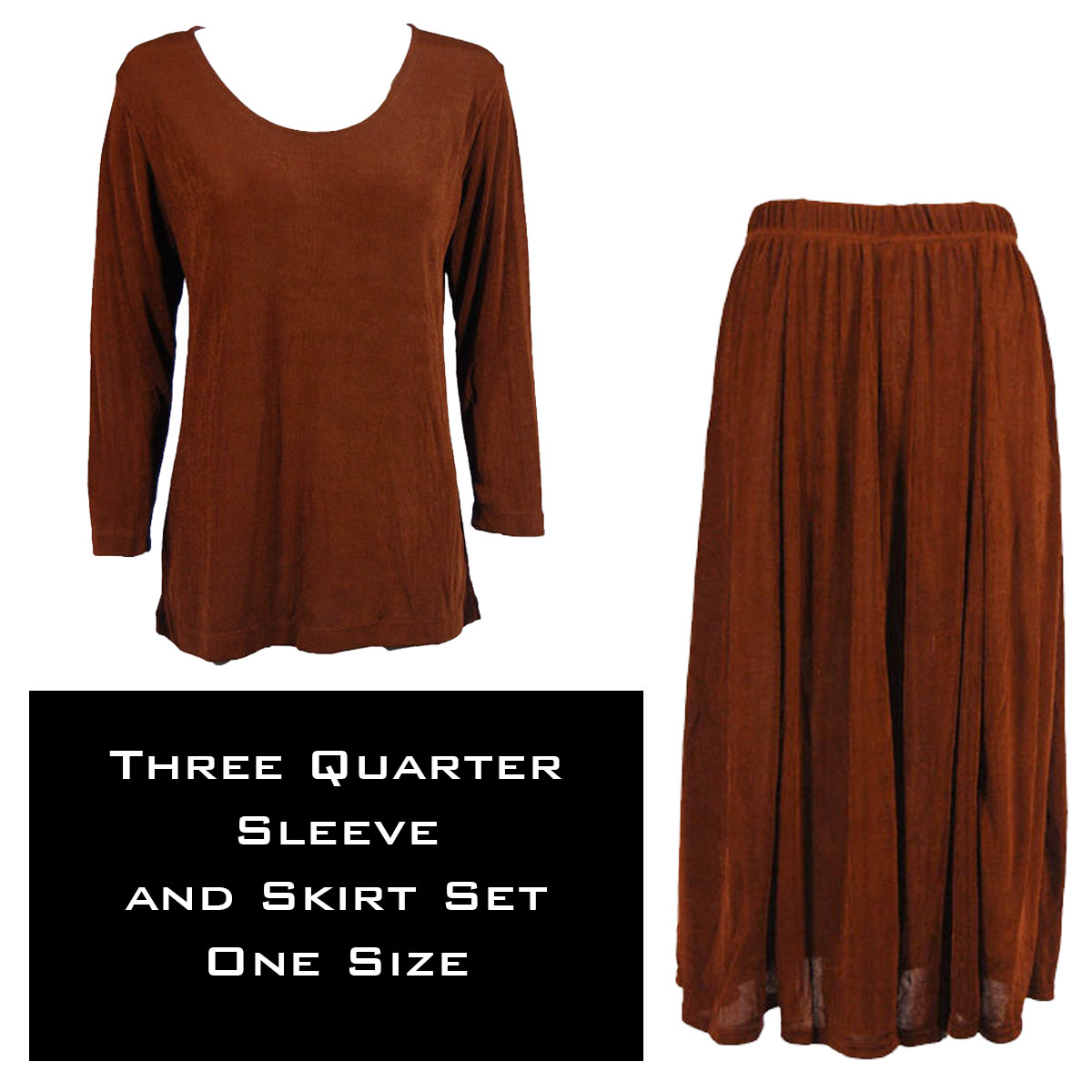 3430 - Slinky Skirt and 3/4 Sleeve Top Sets   BROWN - Plus Size (XL-2X)