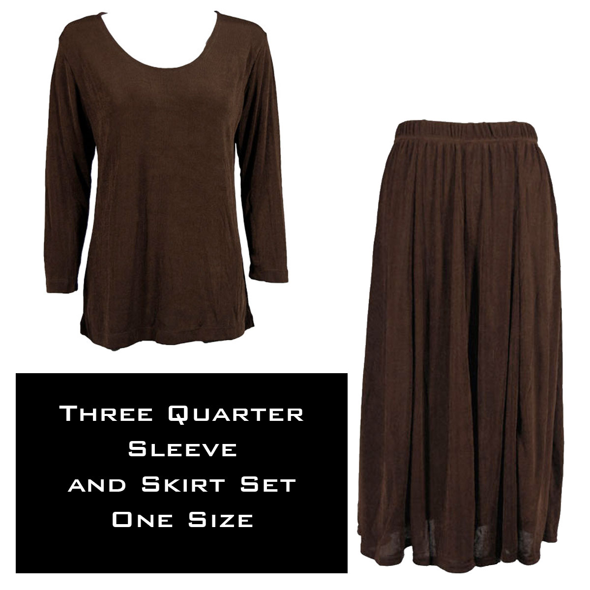 3430 - Slinky Skirt and 3/4 Sleeve Top Sets   DARK BROWN - Plus Size (XL-2X)