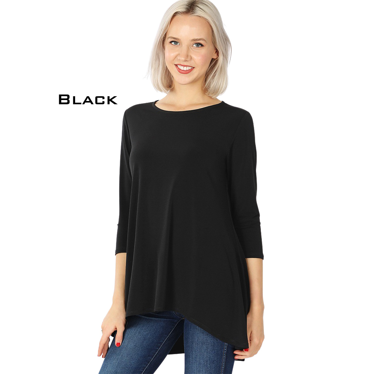 2367 - Ity High-Low 3/4 Sleeve Top BLACK High-Low 3/4 Sleeve Top 2367 - Large
