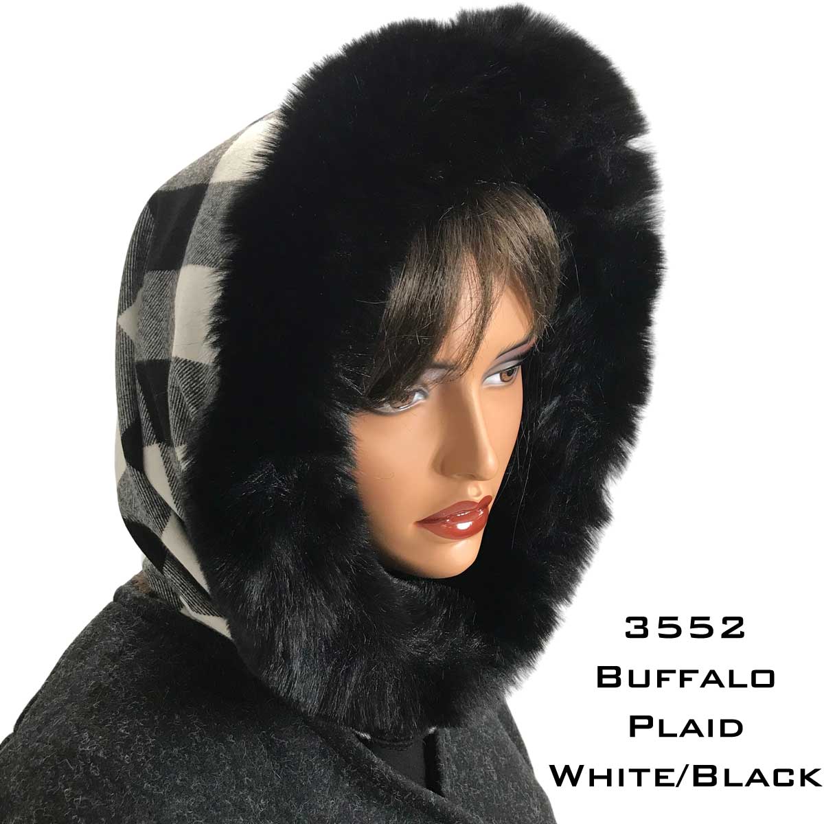 3552 - Fur Trimmed Infinity Hood  Buffalo Plaid White/Black<br> Black Fur Trimmed Infinity Hood - 