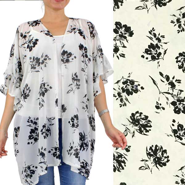 10154 - Flower Print Ruffle Kimono White Floral - 