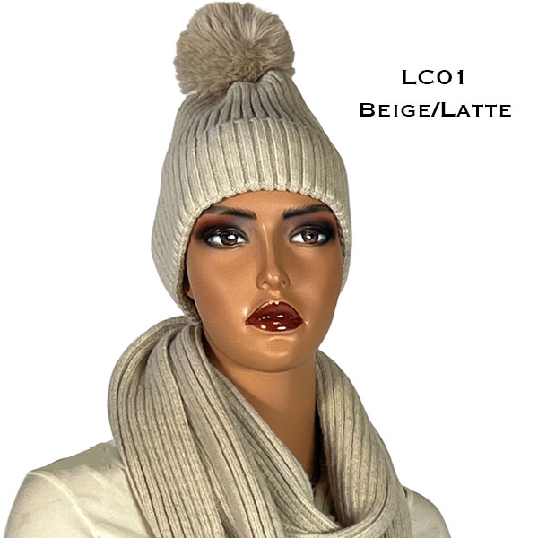 3744 - Knitted Scarves / Matching Hats Beige/Latte<br>
Knitted Hat with Fur Trim  - 
