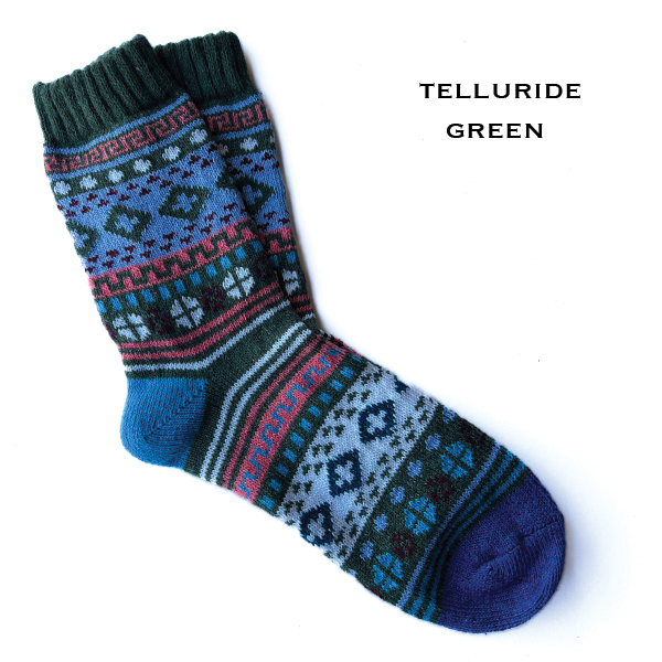 3748 - Crew Socks Telluride Green Multi<br>
Fits Women's Size 6-10<br> 18% wool, 45% cotton, 37% polyester - Woman's 6-10