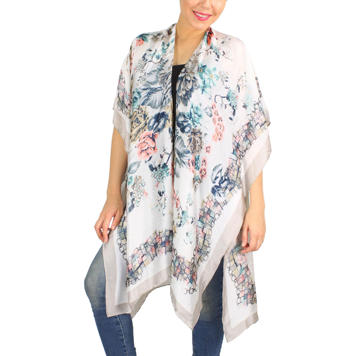 Light Satin Kimono - 4237/9287 9287 - Olive Border<br>
Flower Print Kimono - 